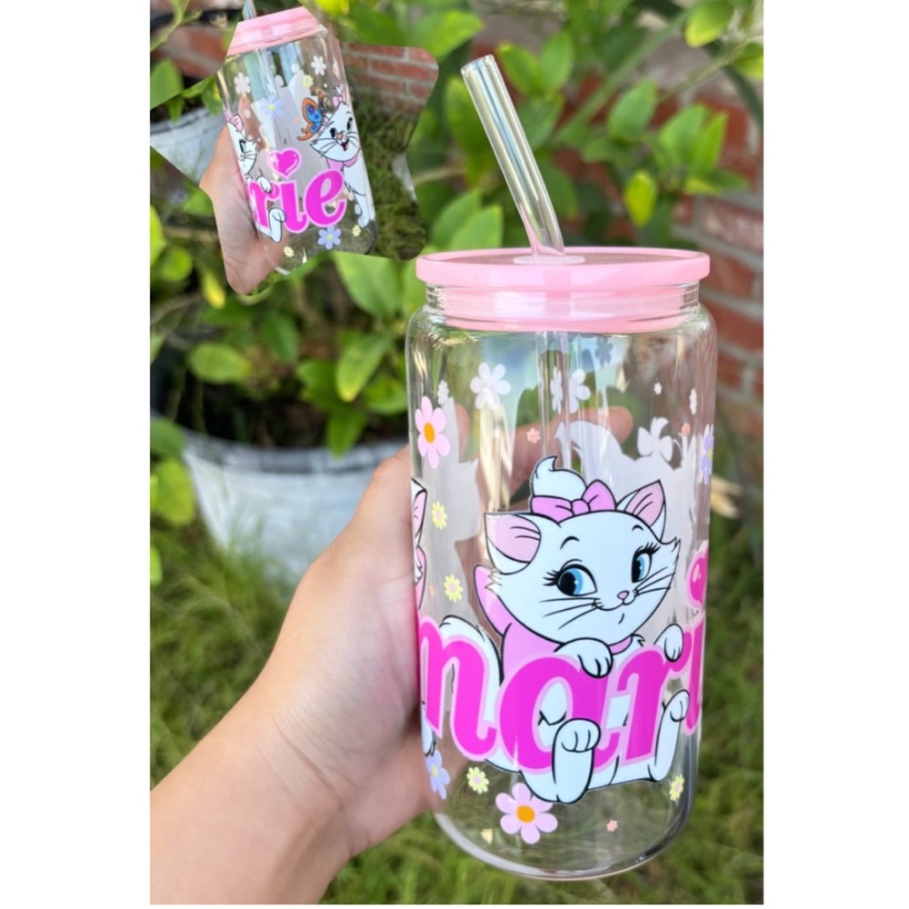 Floral Cat 16oz glass cup